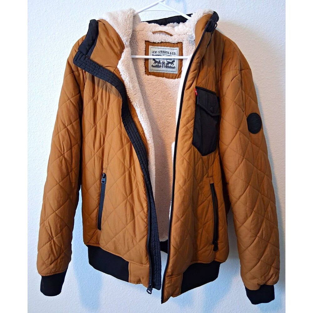 Levi's Mens Diamond Quilted Sherpa Lined Hooded Bomber Jacket Brown Saddle L
